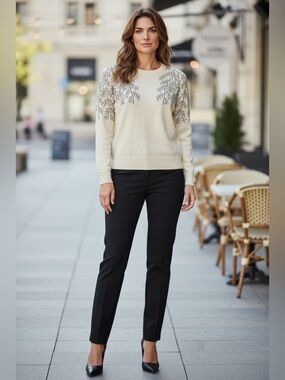 LIV Milano, Cream Knit Sweater Rhinestone Detail Women, Large, Elegant Top